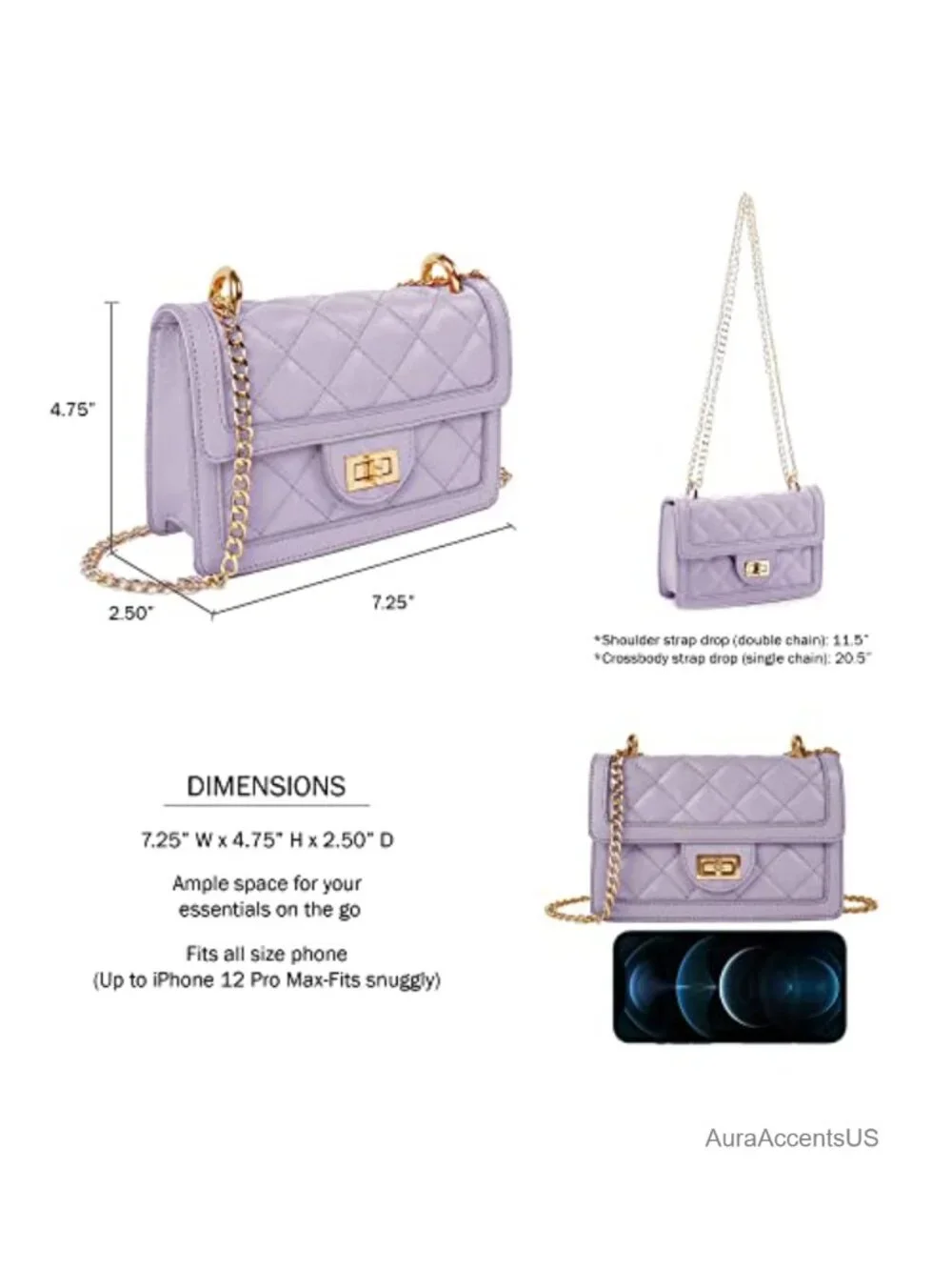 Quilted Crossbody Bag with Gold Chain, Faux Leather Mini Shoulder Purse